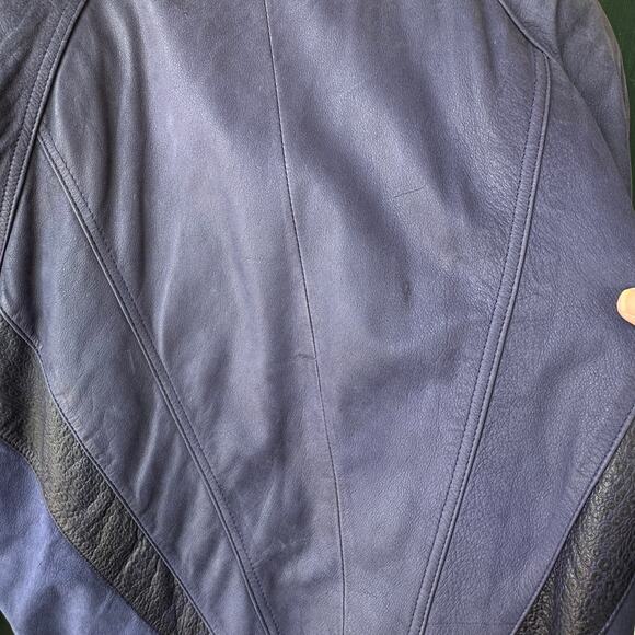 Vintage Pelle NY Milano Navy Blue Leather Jacket M Moto Style Equestrian Lining - Picture 6 of 11